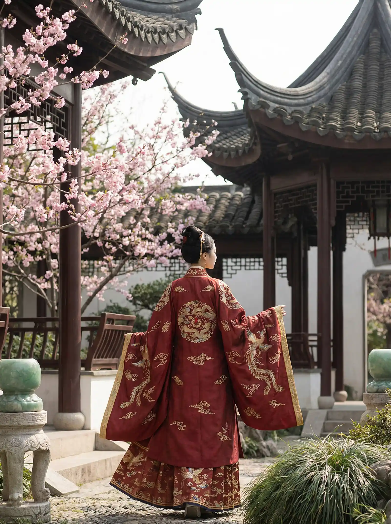 天下围棋 明制汉服红色凤凰刺绣